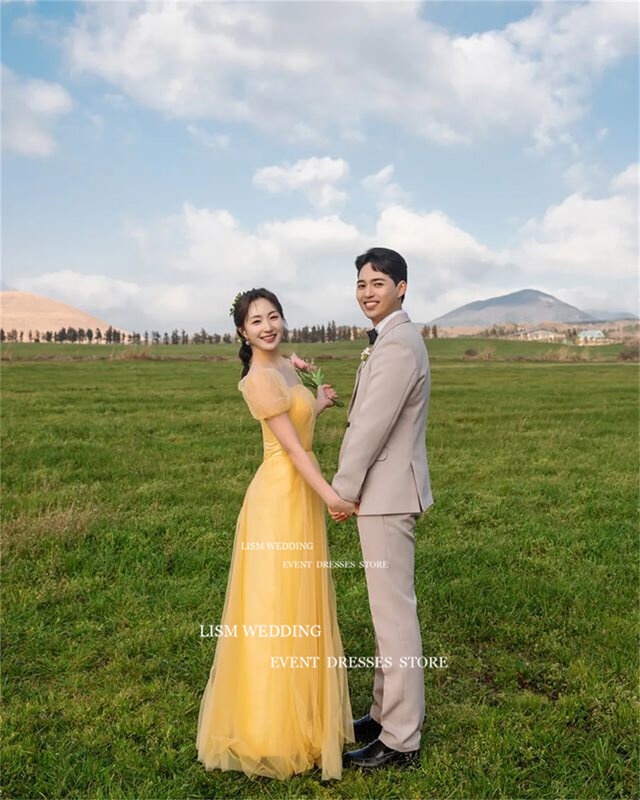 LISM-Vestidos Quadrados com Pescoço, Linha A, Amarelo, Manga Curta, Casamento, Sessão Fotográfica, Vestido de Festa Sem Costas, Coreia