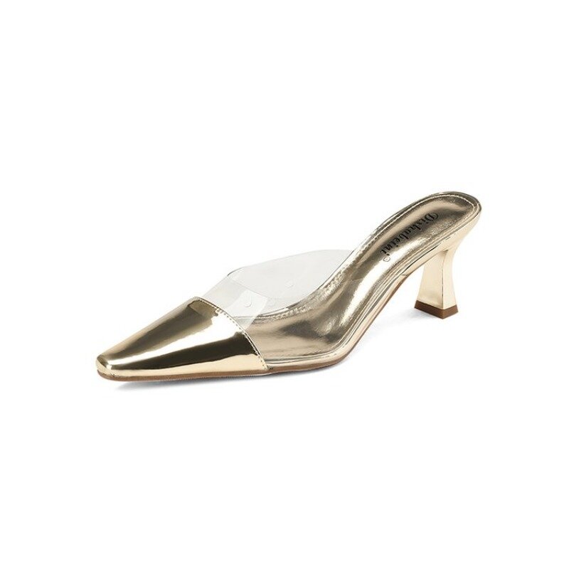 Złote srebrne szpilki PVC, modne i eleganckie damskie wąskie spiczaste kapcie na obcasie, 2023 nowe Zapatos Para Mujeres