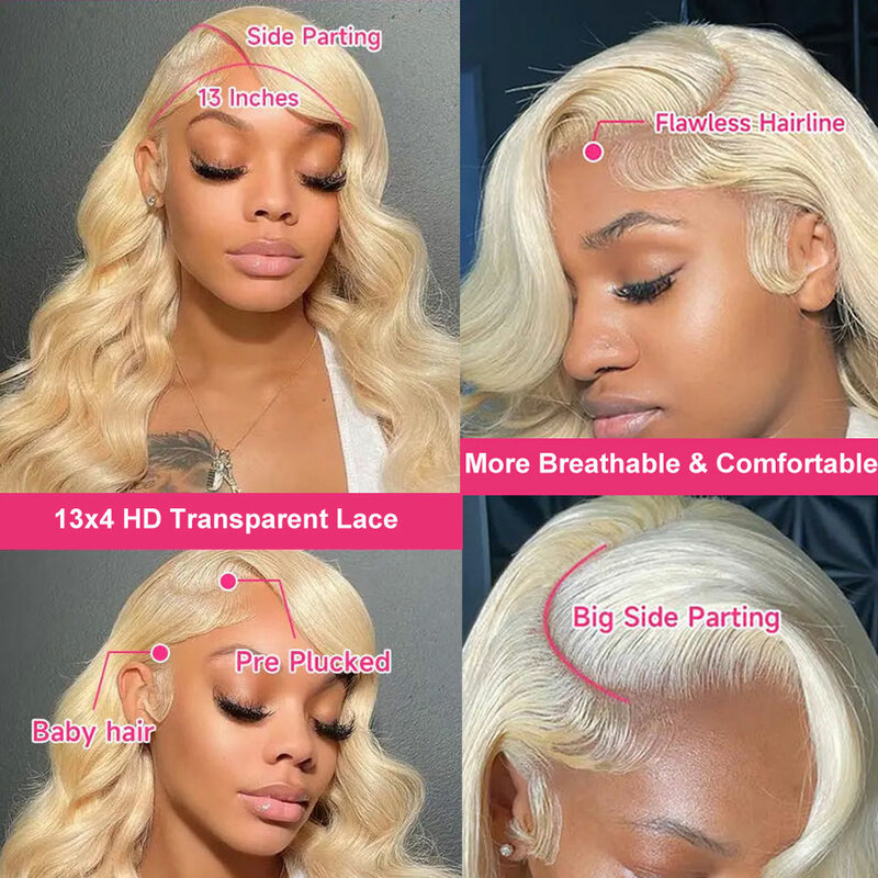 Luciya – perruque Lace Frontal Wig naturelle, cheveux humains, 13x4, pre-plucked, Lace Closure transparente, Body Wave, 613 HD