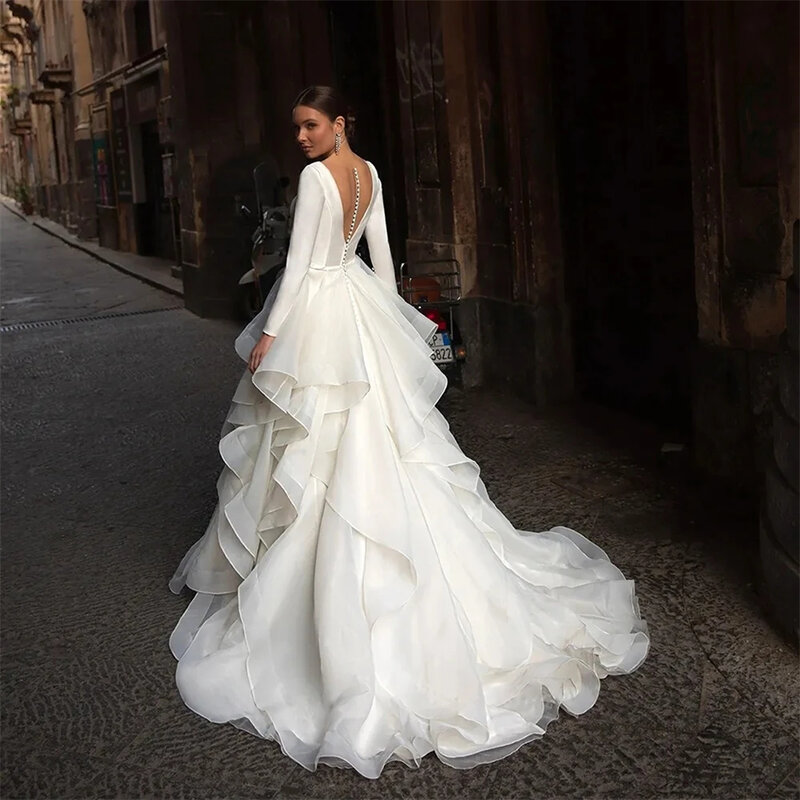 Elegant V-Neck Backless Button Chiffon Tiered Full Sleeves Wedding Dresses For Women 2024 Court Train Ball Gown Bridal Gown