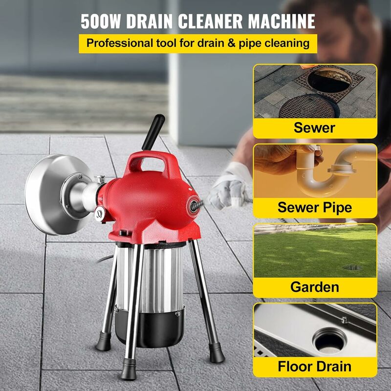 Drain Cleaner Machine, 370W 3 Cables, Electric Drain Auger for 3/4" to 4" Pipes, Power Spin with Autofeed Function er
