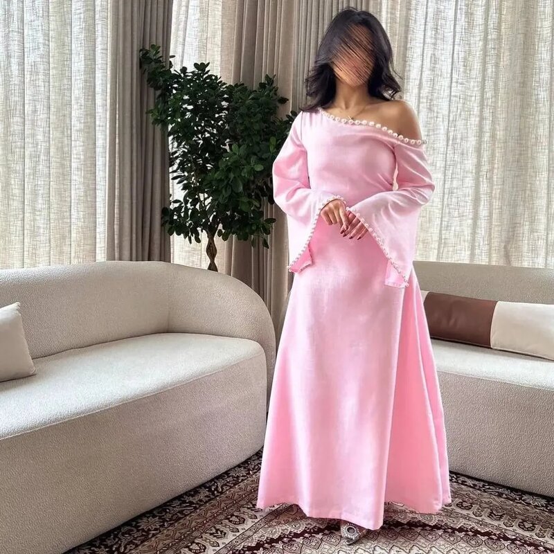 Saudi Arabia Evening Dresses for Women Boat Prom Dresses A Line Pink Chiffon Long Sleeve Party Gowns Long Formal Wedding