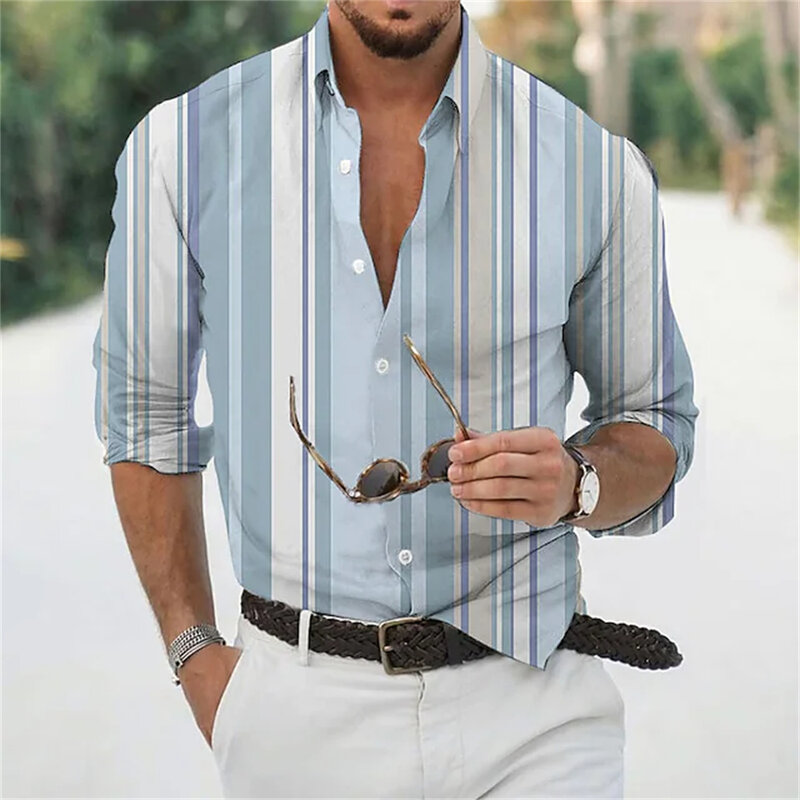 Мужская приталенная рубашка в полоску, повседневная мягкая рубашка с длинным рукавом, пуговицами и графическим принтом клевера, 2023