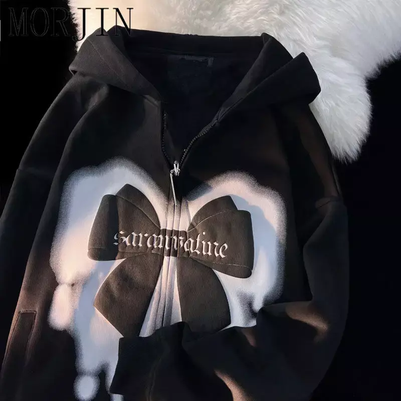 Tudung Motif Kupu-kupu Baru dengan Pakaian Jalanan Tebal Mewah Trendi Baju Hoodie Sweatshirt Gotik Serbaguna dan Longgar untuk Wanita Y2k