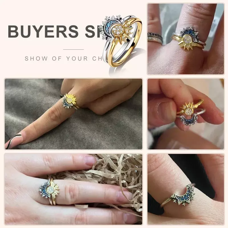 925 Silver Sterling Celestial Blue Sparkling Moon Sun Star Crystal Ring for Women Fashion Elegant Stackable Party Jewelry Gifts