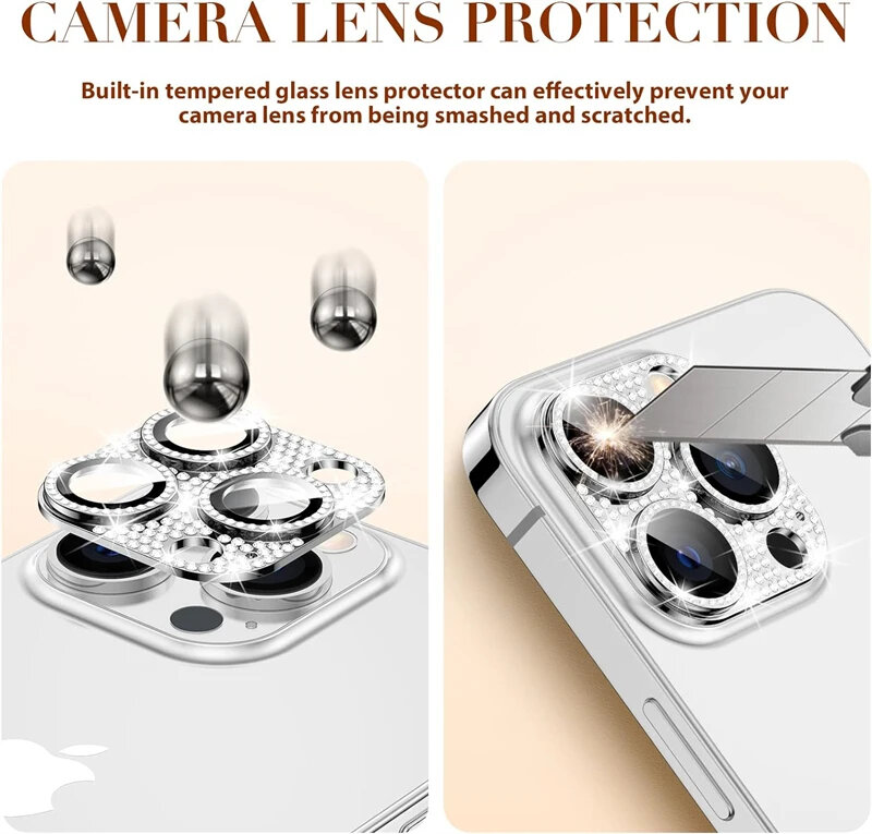 Protecteur d'objectif d'appareil photo à paillettes de diamant pour iPhone, accessoires d'objectif en verre biscuits 3D, iPhone 11 13 14 15 Pro Max 14 Plus 12 Mini 115Pro