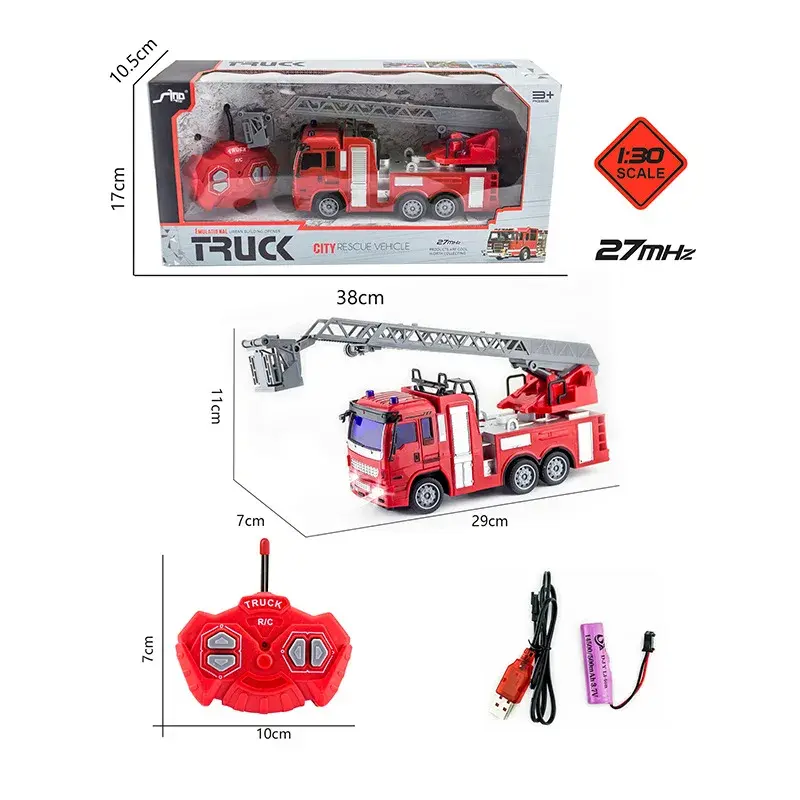 Camion de pompiers télécommandé 1:30 4CH avec batterie au Lithium, véhicule d'ingénierie, véhicule jouet pour garçon, modèle voiture de Simulation