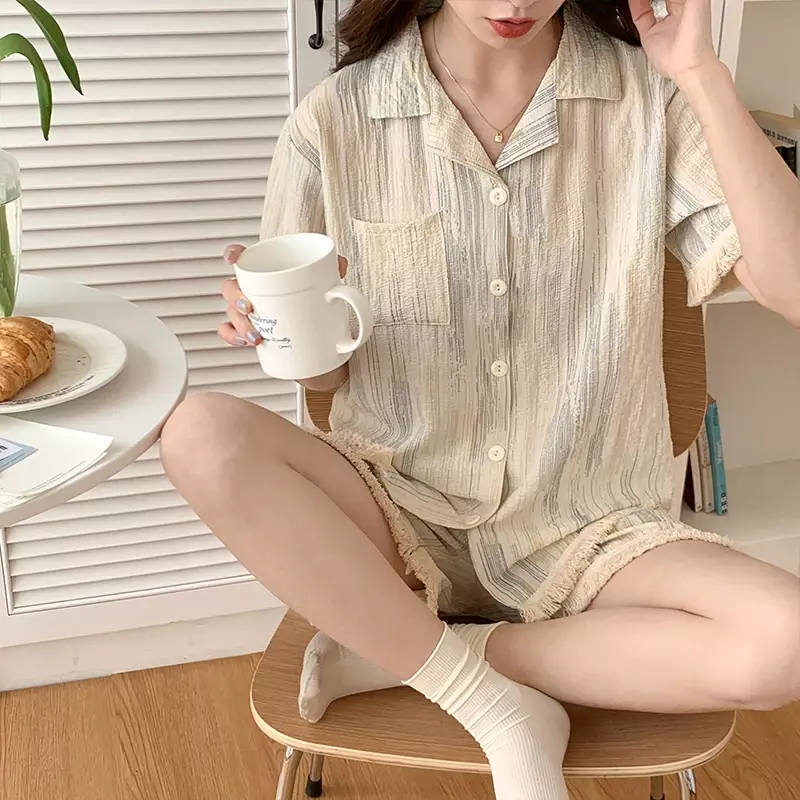 Koreaanse Pyjama Mujer Konijn Met Bloemenprint Katoenen Garen Nachtkleding Set Met Korte Mouwen En Shorts Homewear Huidvriendelijk Ademend