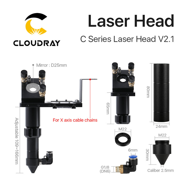 Cloudray-Montagem para Máquina de Corte Gravação a Laser, Cabeça Laser CO2 Série C, Diâmetro 18 FL38.1 e Diâmetro 20 FL50.8 63,5 101,6mm, Preto