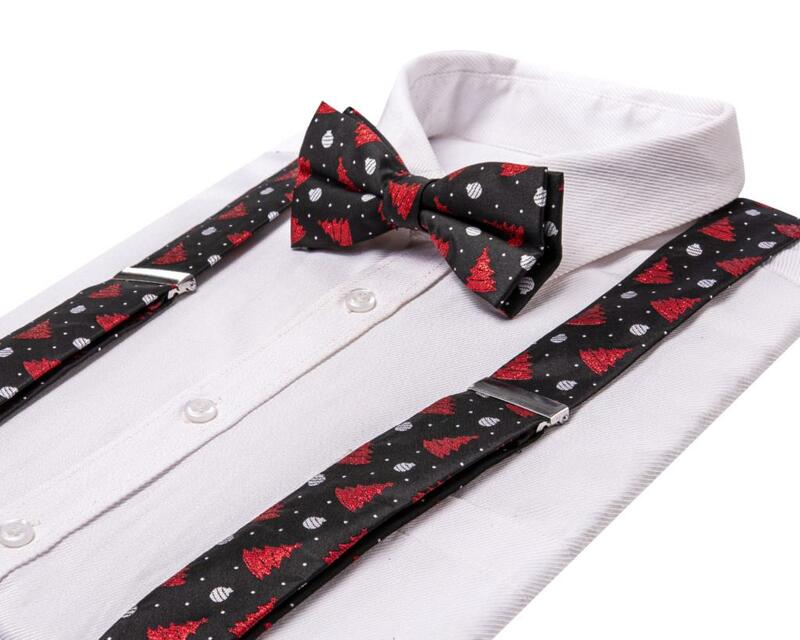 Hi-Tie Christams Suspender pria sutra merah hitam bretel Fashion Suspender Natal dasi kupu-kupu kulit logam 6 klip kawat Suspender grosir