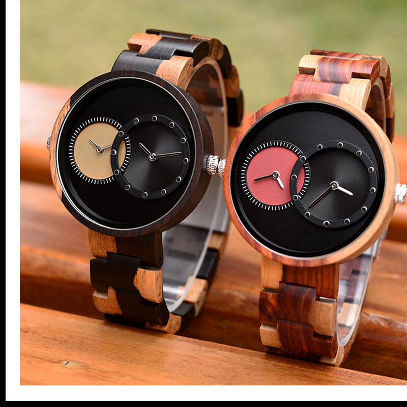 Relojes de madera de 2 zonas horarias para hombres y mujeres, relojes de pulsera de cuarzo de lujo ligeros, reloj de diseño de moda para amor