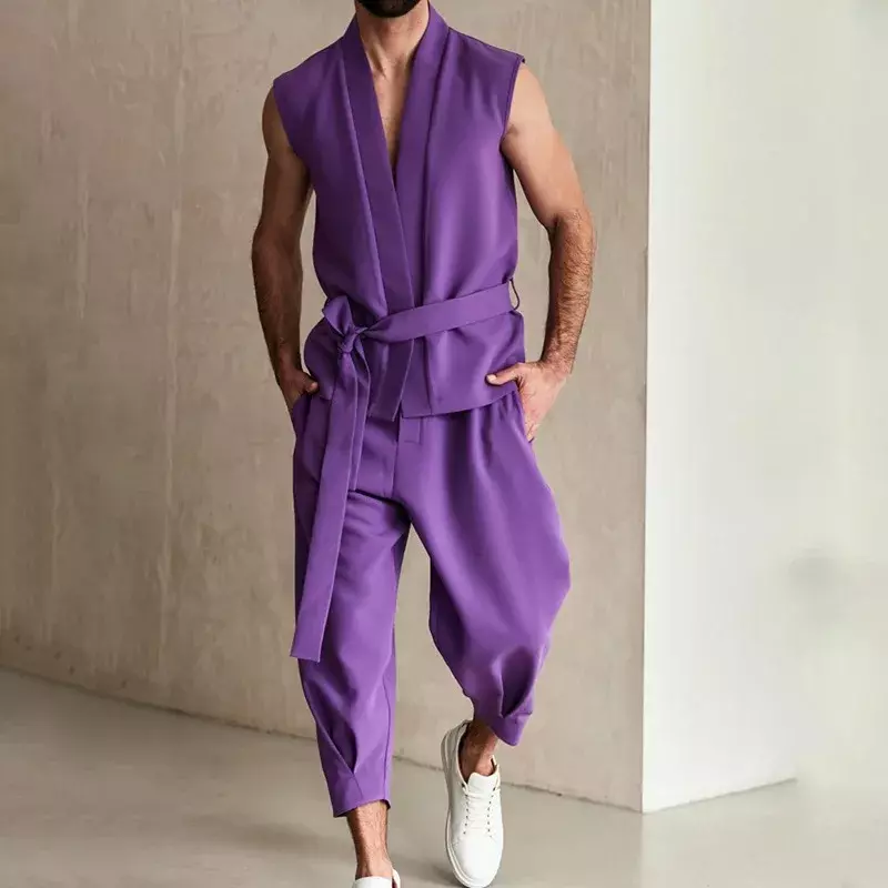 Мужские комплекты, уличный фиолетовый кардиган на бретельках, брюки, повседневный Модный комплект из двух предметов для мужчин