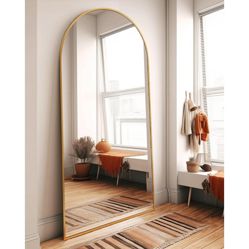 กระจกโค้งเต็มความยาว, กระจกชั้นพร้อมขาตั้ง, กระจกขนาดใหญ่30 "x 71", กระจกติดผนังสำหรับห้องนอน, สีทอง