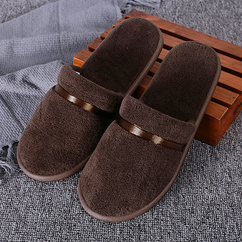1Pair Coral Fleece Travel SPA Hotel Slippers Soft Men Women Warm Home Slippers Solid Color Non-slip Flip Flop Guest Shoes Slides