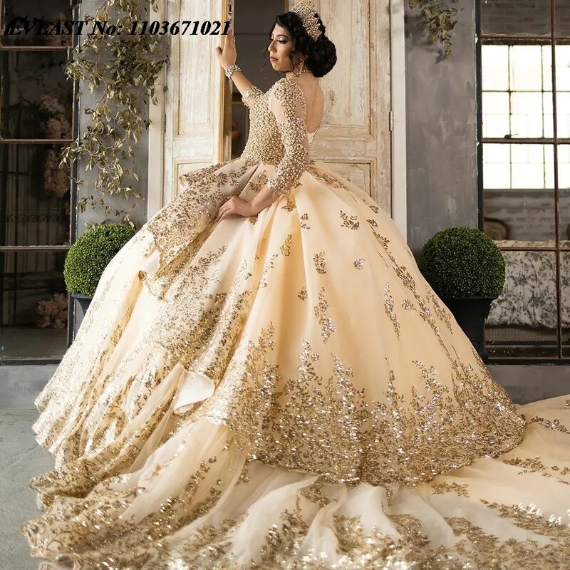 EVLAST Gold Pearls Beading Mexican Quinceanera Dress Ball Gown Long Sleeve Tiered Appliques Corset Vestidos De XV Anos SQ308