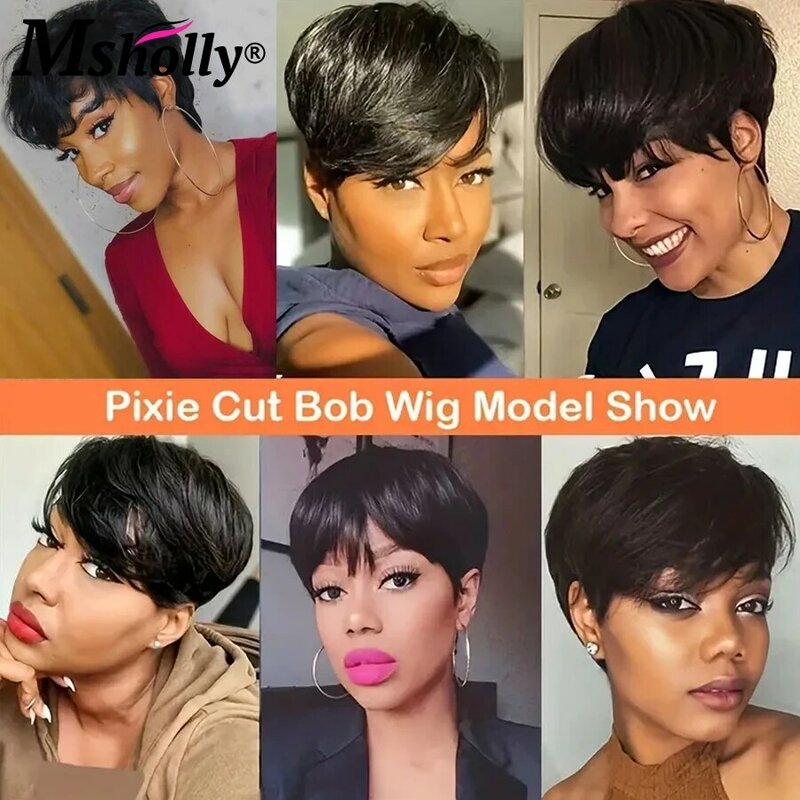 Short Pixie Cut Remy Wigs Glueless Ready To Wear Glueless Straight Human Hair Wigs Water Wave Full Machine Made Wig With Bangs