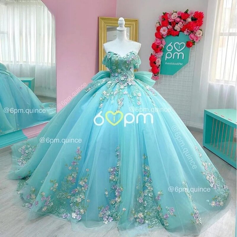 Turquoise Princess Quinceanera Dresses Ball Gown Off The Shoulder Appliques Sweet 16 Dresses 15 Años Mexican