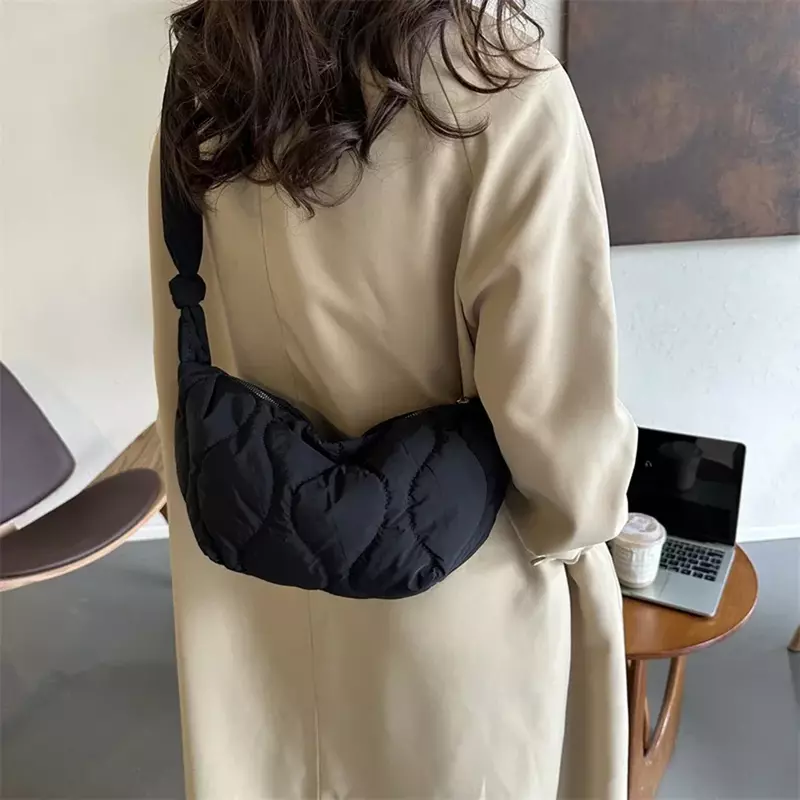 CW2  Female Puffer Shoulder Bag Trendy Soft Down Cotton Pillow Shopper  with Zipper Underarm 