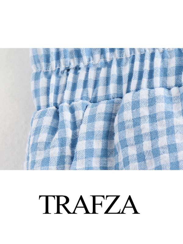 TRAFZA-pantalones cortos de cintura alta para mujer, Shorts elegantes con bolsillos laterales, holgados, informales, Vintage, estampado a cuadros, cintura elástica, Verano