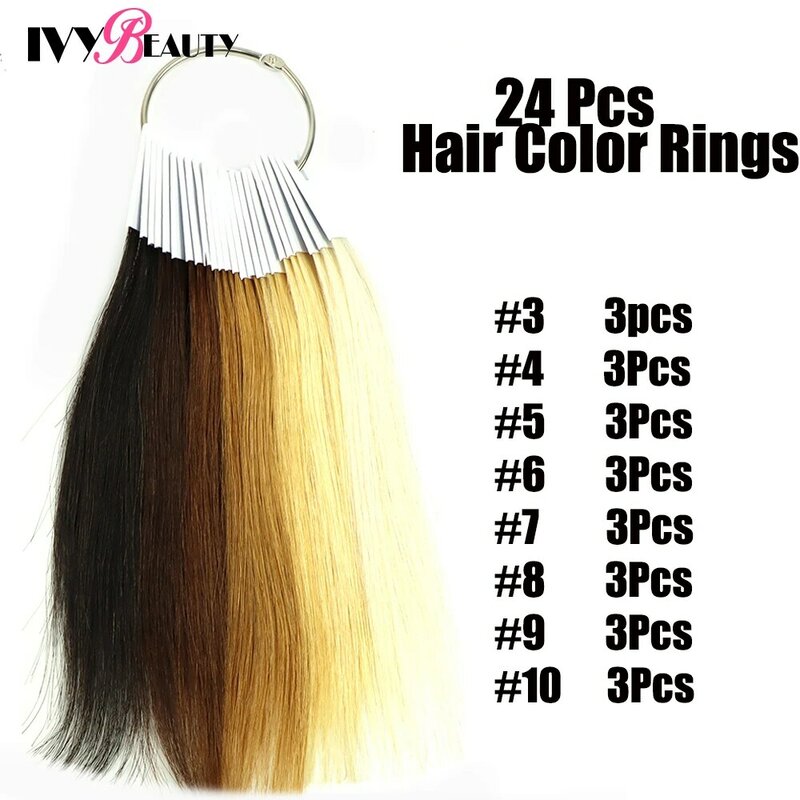 24pcs 8 Colors Mixed Human Hair Color Rings Swatches For Hair Test Hair Colored Strands For Extension Hairdresser Supplies