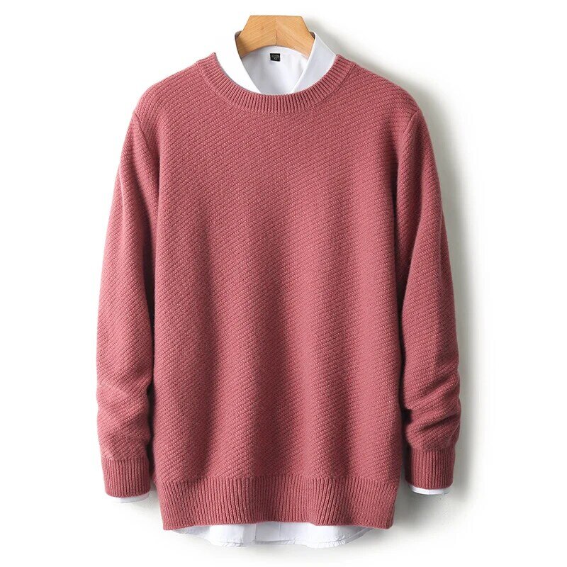 Suéter pesado monocromático grosso puro de lã masculino, camisa base gola redonda, suéter de negócios juvenis, outono e inverno