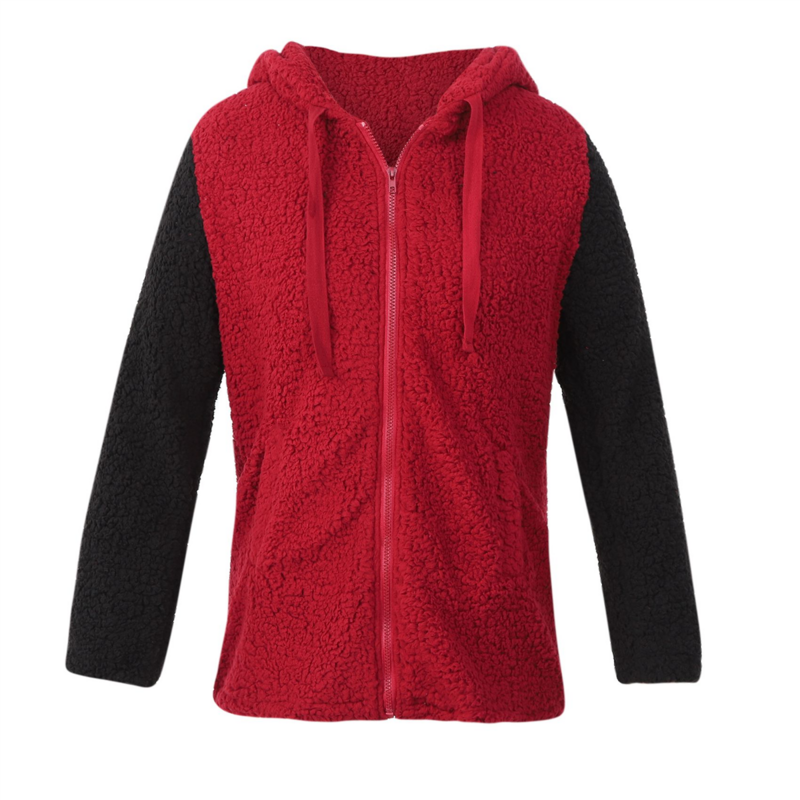 Casaco de lã feminino casual, chapéu de bloqueio de cor solta, cabelo espesso decote jaqueta de bolso, jaqueta vinho vermelho, XL