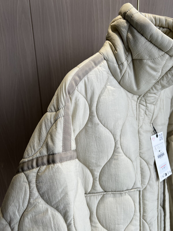 Стеганое пальто для женщин ETJ 2024traf, стеганая куртка с галстуками, новая бежевая хлопковая куртка с завязками и высоким воротником и карманами на завязках для женщин