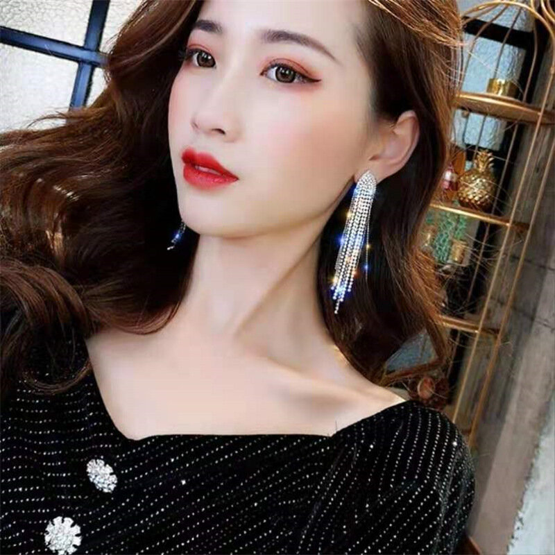 LATS New Classic Shiny Crystal Earrings Exaggerated Long Tassel Rhinestone Drop Earring for Women 2022 Korean Fashion Jewelry