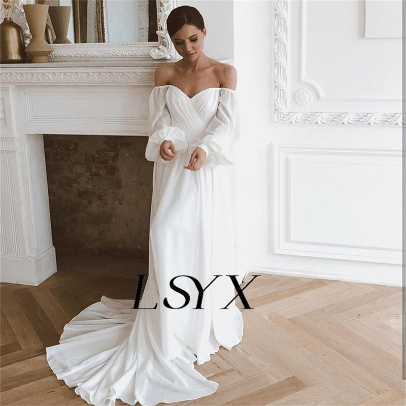 LSYX Boho V-Neck Off-Shoulder Long Puff Sleeves Chiffion Wedding Dress Pleats Button Back Court Train Bridal Gown Custom Made