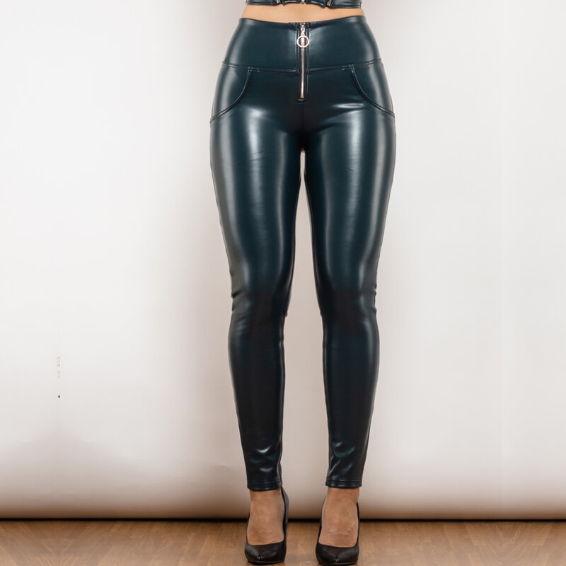 Shascullfites Melody Blue Leather High Waist Pants with Ring Zipper Elastic High Street Pants Trousers Push Up Leather Leggings
