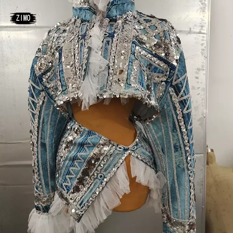 Gaun mantel payet dua potong untuk wanita, jaket Denim jaring ruffle Faux, kostum Ratu tarik panggung penyanyi Jazz Hip Hop klub malam
