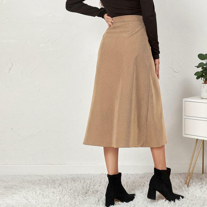 Midi Skirt Single-breasted Office Skirt Solid Color A-line Skirt Skirt Winter Skirt High Waist Corduroy Dress Streetwear faldas