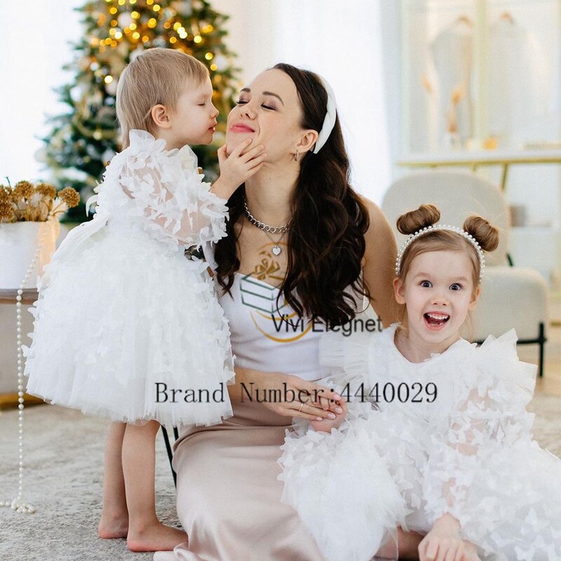 Vestidos blancos de flores con encaje para niñas, vestidos de fiesta de boda de línea A, manga larga, cremallera trasera, 2024