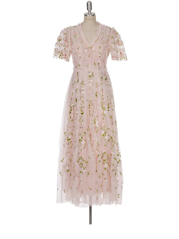 Женское газовое платье с оборками DEAT, элегантное платье с коротким рукавом, с вышивкой, с высокой талией и цветочным рисунком, весна 2024, новая мода 13DB5099