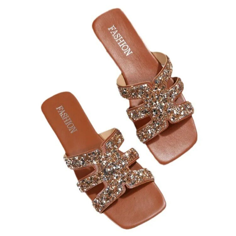 Summer fashion new sexy casual solid color square toe crystal sandals flat heel slippers