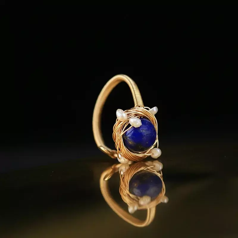 Handmade New Korean Style Adjustable Ring Vintage Winding Braided Blue Eye Temperament Girl Pearl Ring Trend Jewelry Gift