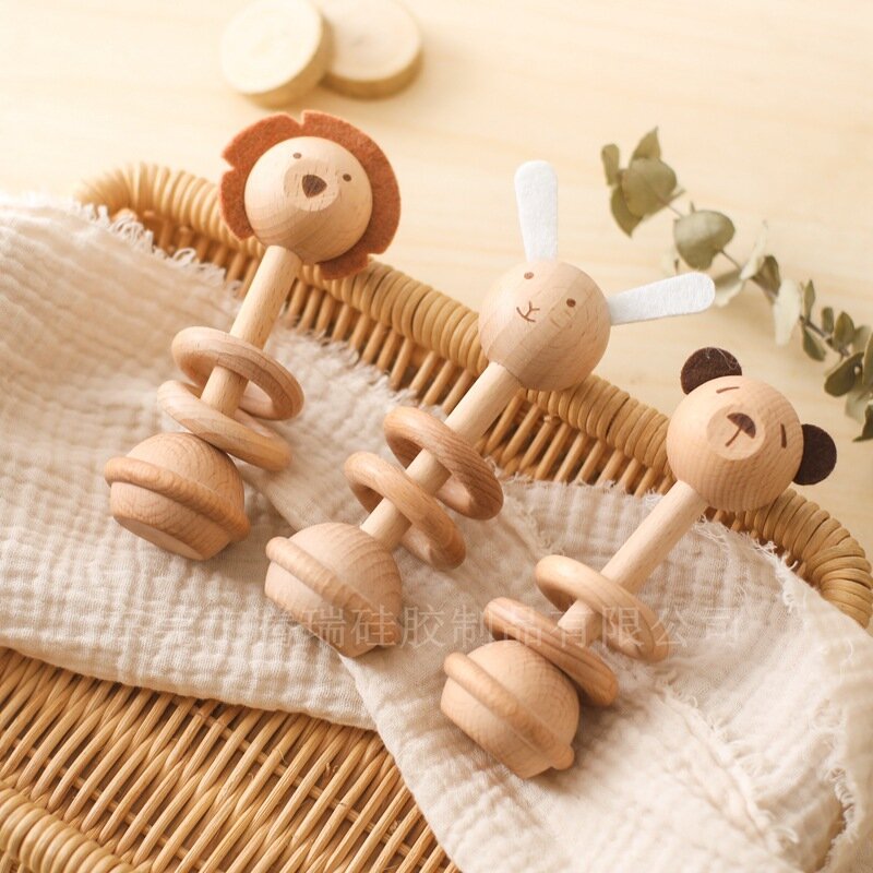 Mainan kerincingan hewan kayu untuk bayi baru lahir Teether kayu 0-12 bulan aksesori bayi kartun Novel alat perawatan bayi mainan Teether