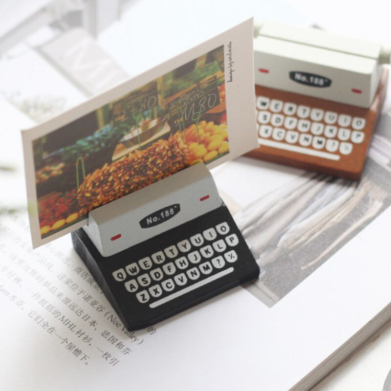 Vintage Typewriter Shape Card Holder Wooden Memo Clips Photocard Holder Kawaii Messege Note Display Stand Office Desk Organizer