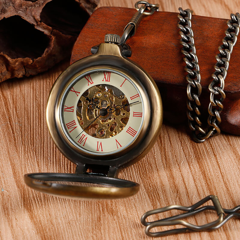 Męski zegarek kieszonkowy Fob mechaniczny ręczny wiatr unikatowy Clamshell przezroczysty brąz specjalny zegar prezenty świąteczne Relogio De Bolso