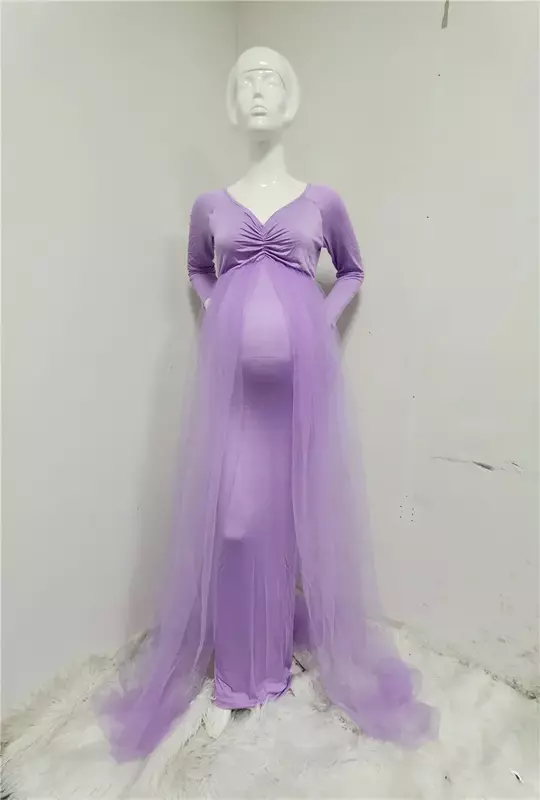 Gaun Maxi fotografi Wanita lengan panjang bahu terbuka alat peraga fotografi gaun Tulle pernikahan gaun putri duyung untuk pemotretan Baby Shower