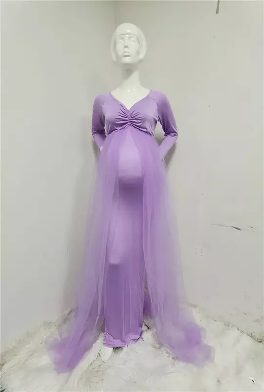 Manga longa feminina vestido maternidade ombro, vestido sereia casamento tule para sessão fotográfica, fotografia adereços maternidade, chuveiro de bebê