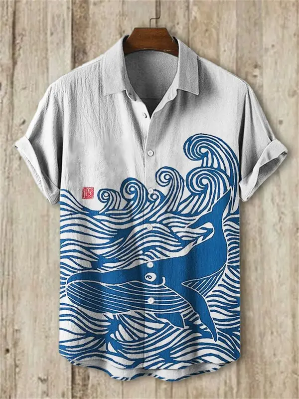 Camisa havaiana de manga curta com estampa baleia, camisa de linho de arte vintage japonesa, gola flip cardigan, único peito, novo, 2024