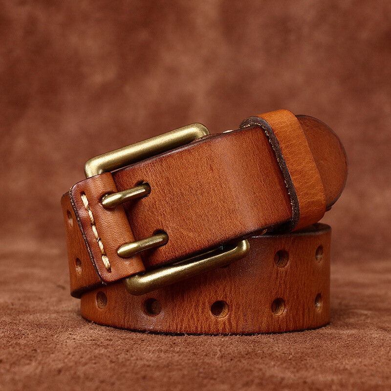 Couro Vintage couro genuíno masculino cinto, fivela de cobre duplo pino, pulseira de jeans artesanal, moda masculina pulseira, 3,8 cm