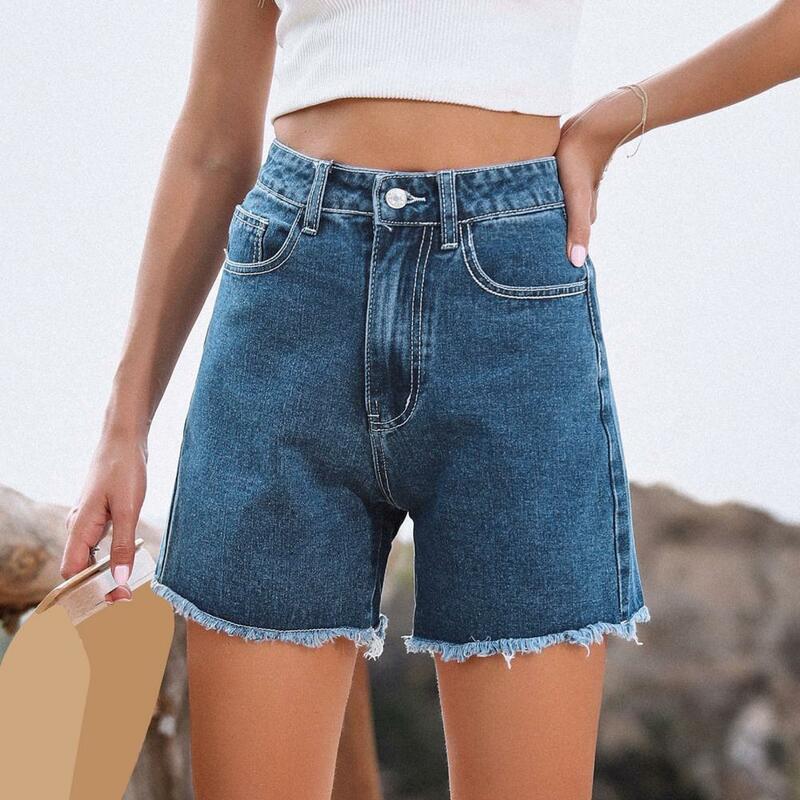 Calções jeans de cintura alta linha A feminino, solto, borda rasgada, botão, fechamento de zíper, bolsos múltiplos, verão