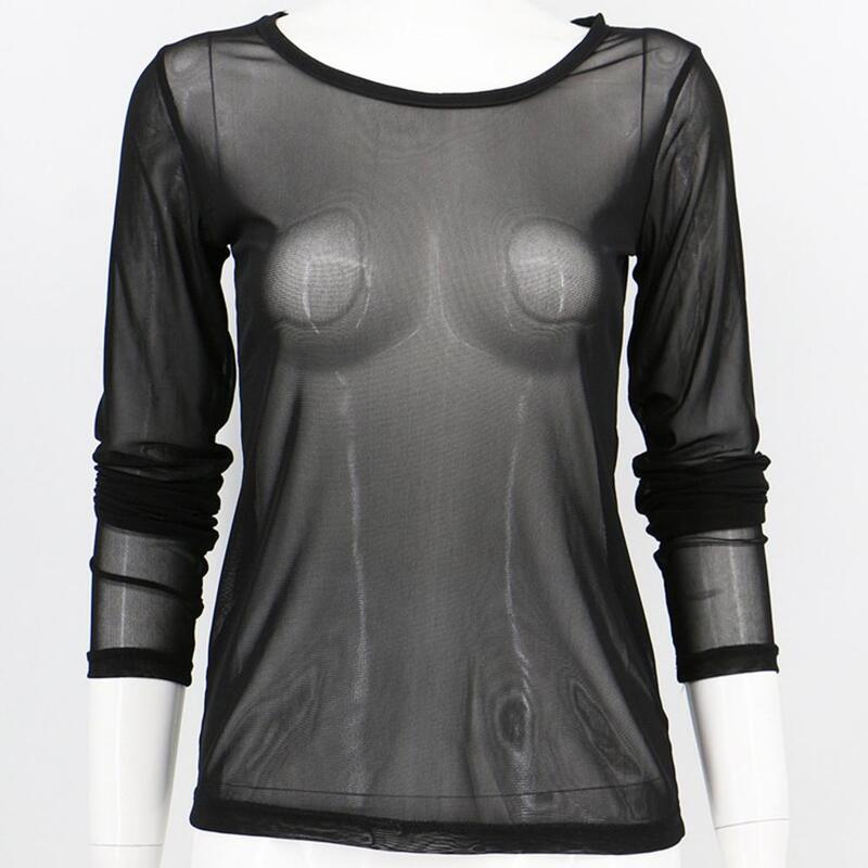 Ультратонкая Сетчатая футболка, женская прозрачная сетчатая блузка с длинным рукавом, дышащий пуловер, облегающая пляжная одежда в стиле панк