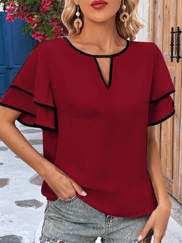ZANZEA Casual Loose Colorblock Tunics Women Ruffled Short Sleeve Blouse 2024 Summer Round Neck Shirts Elegant Hollow Out Tops
