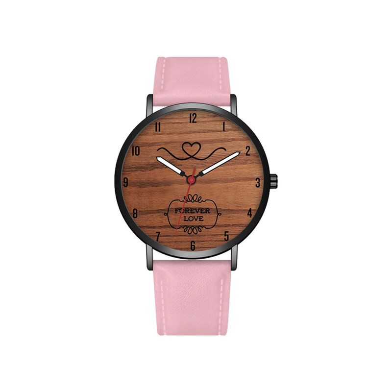 Dames Leren Klok Valentine 'S Day Cadeau Mode Paar Horlogebandje Staal Quartz Polshorloge Houten Nerf Prachtig Wijzerplaat Horloge