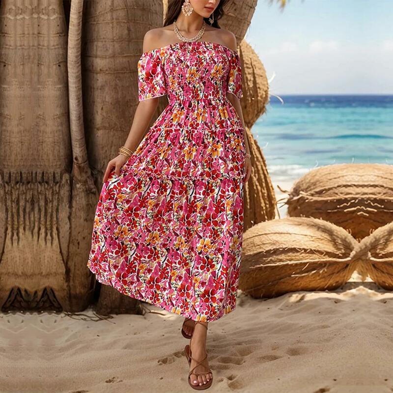 Women Boho Floral Print Off Shoulder Split Long A Line Dresses Loose Hem Shirring Backless Short Sleeves Midi Dress Beach Dress