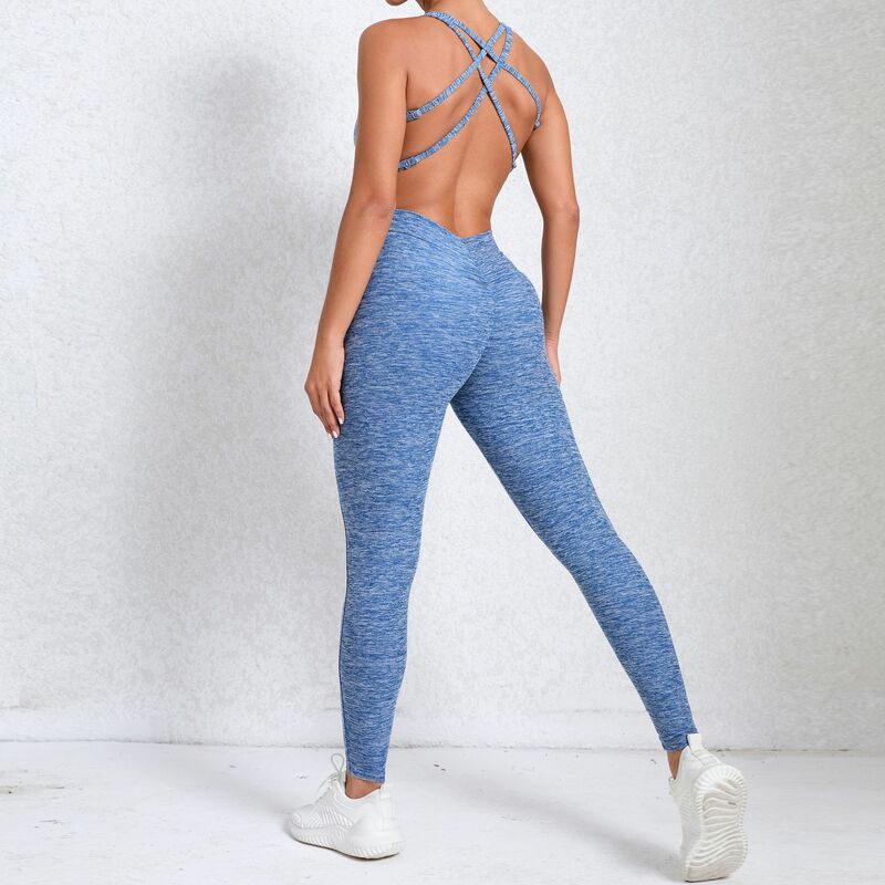 Blaue Yoga-Overalls Frauen ärmellose solide figur betonte sexy Stram pler aushöhlen rücken freie Mode sportliche allgemeine Fitness kleidung