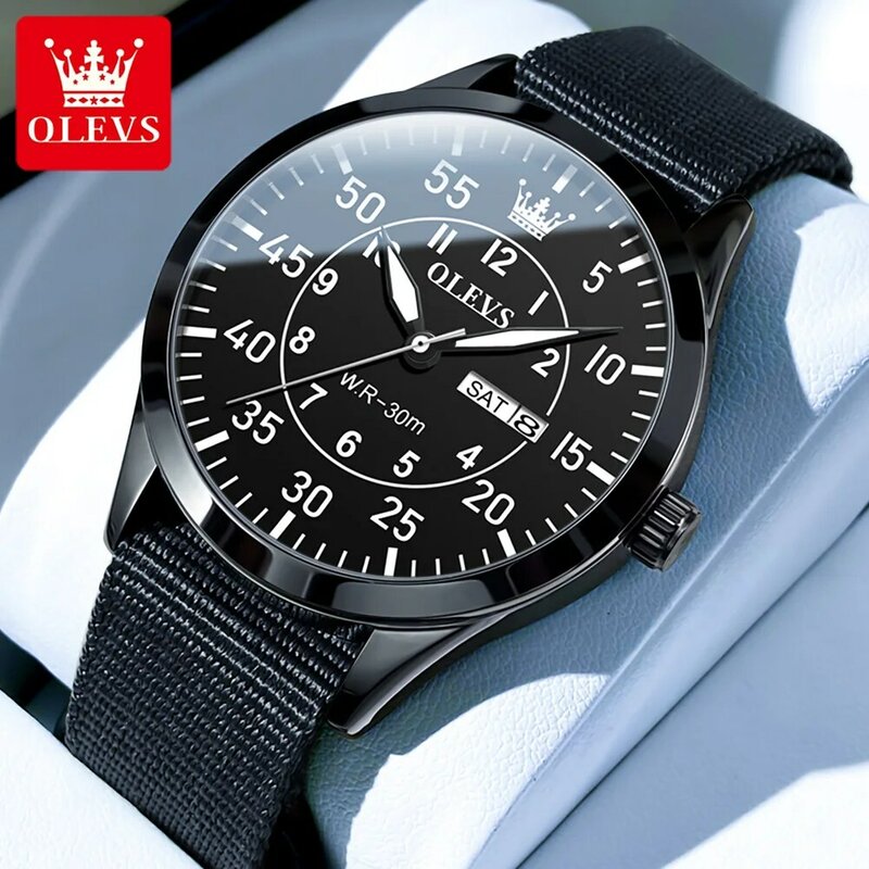 OLEVS 남성용 방수 스포츠 시계, 탑 브랜드 럭셔리 위크 캘린더 쿼츠 시계, 나일론 스트랩 패션